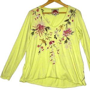 STUNNING!! Johnny Was Relaxed Everyday Long Tee Yellow Green Cotton Size Small